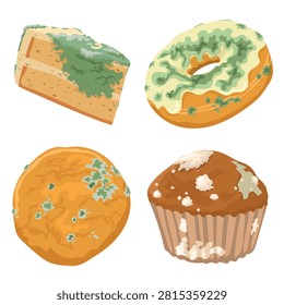 Moldy bakery set vector isolated. Illustration of spoiled bakery products. Rotten cake, bagel, cupcake and cookie. Inedible food, organic waste. Cake covered in mold.