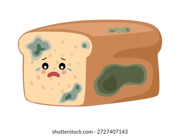 Pan mohoso en diseño plano sobre fondo blanco, Pan que ha salido mal o está caducado y ha sido dañado por la humedad, Contaminación de alimentos causada por moho, aflatoxinas, bacterias y microorganismos.