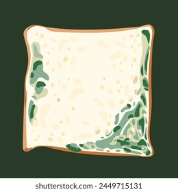 Moldy bread. Rooten and expired white dry bread with green mushroom fungi vector illustration isolated on square dark background. Simple flat cartoon art styled drawing.