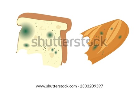 Moldy bread vector set. Inedible bread with mold illustration. Organic waste and garbage concept. Waste sorting theme. Flat vector in cartoon style isolated on white background. Mouldy bread vector.