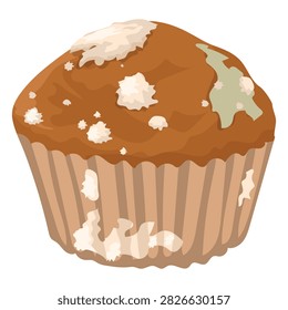 Moldy cupcake vector isolated. Illustration of spoiled bakery product. Rotten dessert. Inedible food, organic waste. Chocolate cupcake covered in green mold. Food garbage.