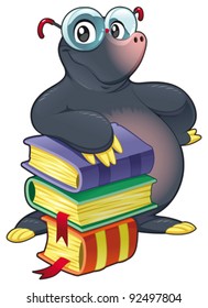 Mole with books. Funny cartoon and vector isolated character