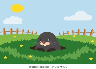 A mole comes out of a hole on a green lawn. Illustration in vector format