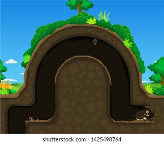 Mole digging tunnel underground curve inside hill, color vector cartoon illustration horizontal

