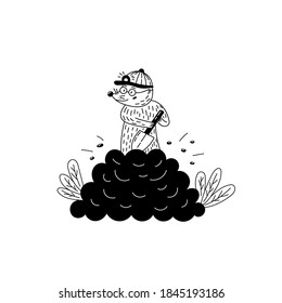 Mole digs. The animal is excavating in the ground. Vector black and white illustration