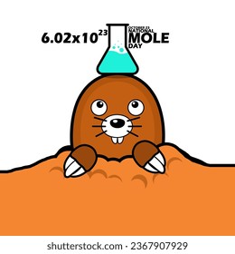 A mole emerges from the ground with a chemical tube glass above its head, with a formula and bold text on white background to celebrate National Mole Day on September 23