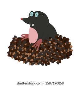 A mole in glasses climbed out of the earth embankment. Isolated on a white background, stock vector graphics.