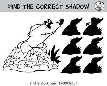 Mole with glasses. Find the correct shadow. Educational game for children. Black and white cartoon vector illustration