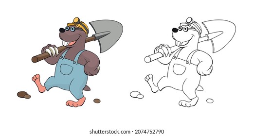 Mole goes with a shovel, vector illustration.