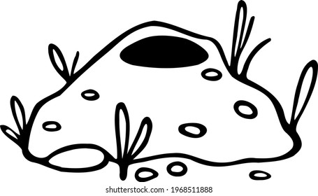 Mole Hole. Нand-drawn Sandy Mountain That Houses The Entrance To The Animal Den. Line Art Of A Small Forest House. Wildlife Black Doodle For Kids Designs. Cute Vector Woodland Illustration. 