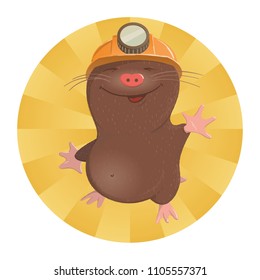 The mole in a miner's helmet waves a hand vector cartoon