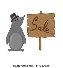 Mole near wooden signboard with the inscription "Sale" in vector. Cartoon illustration