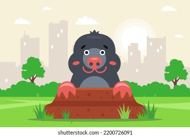 a mole peeks out of a hole in the garden. flat vector illustration.