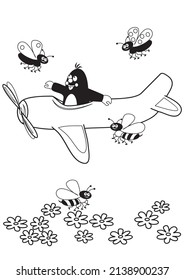 Mole and plane, coloring  book, vector illustration