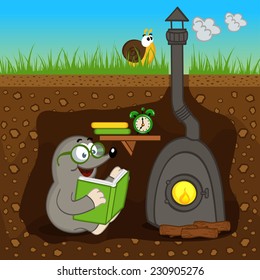 mole reading book at home - vector illustration, eps