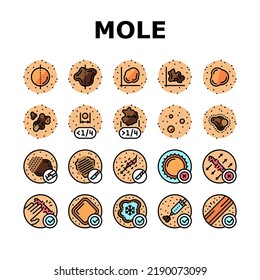 Mole Skin Problem And Disease Icons Set Vector. Asymmetrical And Uneven Borders Melanoma, Laser And Surgical Mole Removal, Massage Scar And Corticosteroid Injection Color Illustrations