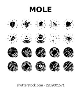 Mole Skin Problem And Disease Icons Set Vector. Asymmetrical And Uneven Borders Melanoma Laser And Surgical Mole Removal, Massage Scar And Corticosteroid Injection Glyph Pictograms Black Illustrations