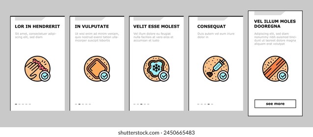 Mole Skin Problem And Disease onboarding mobile vector. Asymmetrical And Uneven Borders Melanoma, Laser And Surgical Mole Removal, Massage Scar And Corticosteroid Injection Color Illustrations