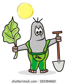 Mole and spade, vector illustration, funny icon for children