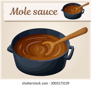 Mole suace vector icon, traditional mexican mole in the pot with wooden spoon cartoon illustration