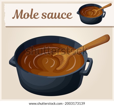 Mole suace vector icon, traditional mexican mole in the pot with wooden spoon cartoon illustration