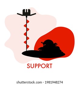 Mole supported by earth auger, earth drill, or post-hole auger to dig a hole. A metaphor for solutions, support, efficiency, help and creative ideas. Minimal style.