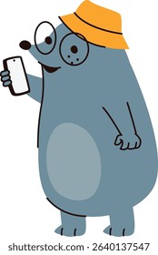 A mole wearing a hat holds a smartphone in a playful cartoon style. The character is depicted with a cheerful expression and round glasses. Cartoon vector illustration.