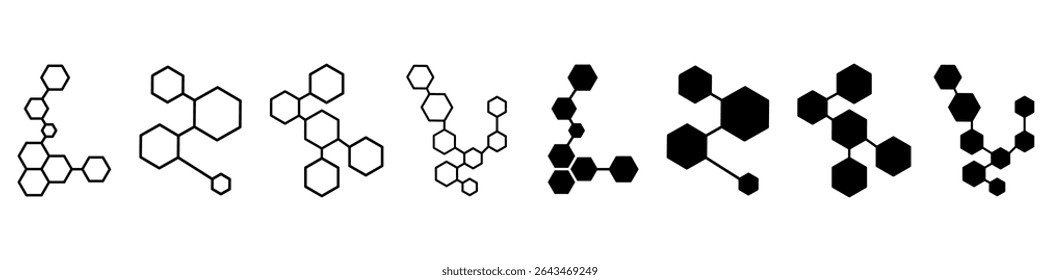 Conjunto de vetores de ícone de estrutura molecular. Coleção de sinais de ilustração da estrutura do átomo. símbolo da molécula. ícones da web do átomo. Design do logotipo da física.