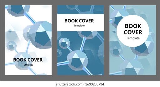 Molecular abstract brochure covers set. Vector illustration. Atoms. Medical background for banner or flyer. 3d Molecular structure with blue icosahedron particles..