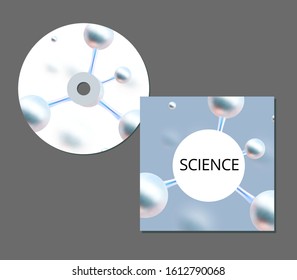Molecular abstract CD cover. Vector illustration. Atoms. Medical background for banner or flyer. 3d Molecular structure with blue spherical particles.
