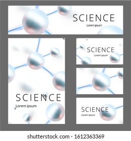 Molecular abstract identity set. Banner, A4 blank, business card. Vector illustration. Atoms. Medical background for banner or flyer. 3d Molecular structure with blue spherical particles.