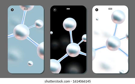 Molecular abstract phone covers set. Vector illustration. Atoms. Medical background for banner or flyer. 3d Molecular structure with blue spherical particles.