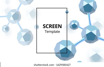 Molecular abstract screen saver or cover. Vector illustration. Atoms. Medical background for banner or flyer. 3d Molecular structure with blue icosahedron particles.