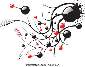 Molecular abstract set of balls which has a connection between them, from the largest developing tentacles is blot with splashes