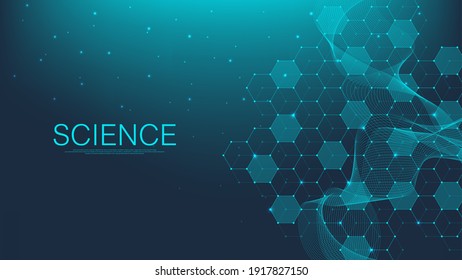 Molecular abstract structure and genetic engineering, healthcare and medicine background. Scientific research background. Wave flow, innovation pattern. Vector illustration
