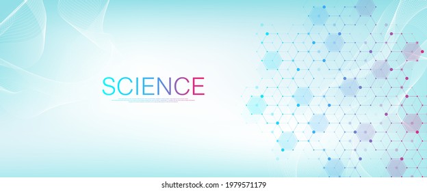 Molecular abstract structure and genetic engineering, healthcare and medicine background. Scientific research background. Wave flow, innovation pattern. Vector illustration.