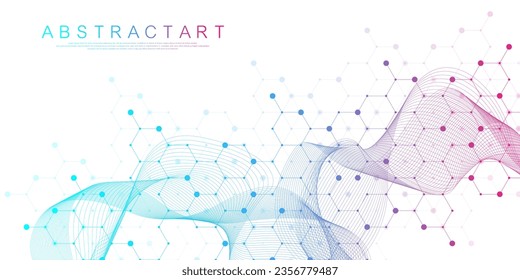Molecular abstract structure and genetic engineering DNA. Healthcare and medicine background concept. Scientific research background. Wave flow. Innovation pattern. Vector illustration