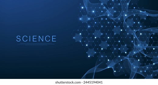 Molecular abstract structure and genetic engineering DNA. Healthcare and medicine background concept. Scientific research background. Wave flow. Innovation pattern. Vector illustration