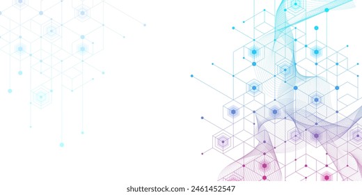 Molecular abstract structure and genetic engineering DNA. Healthcare and medicine background concept. Scientific research background. Wave flow. Innovation pattern. Vector illustration