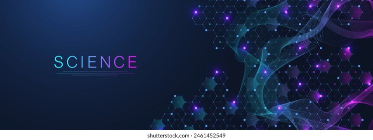Molekulare abstrakte Struktur und gentechnische DNA. In: Healthcare and medicine background concept. Wissenschaftlicher Hintergrund. Wellenfluss. Innovationsmuster. Vektorillustration