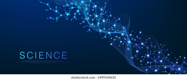 Molecular abstract structure and genetic engineering DNA. Healthcare and medicine background concept. Scientific research background. Wave flow. Innovation pattern. Vector illustration