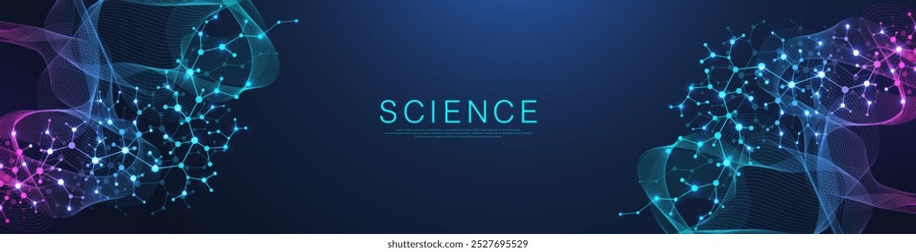 Molecular abstract structure and genetic engineering DNA. Healthcare and medicine background concept. Scientific research background. Wave flow. Innovation pattern. Vector illustration.