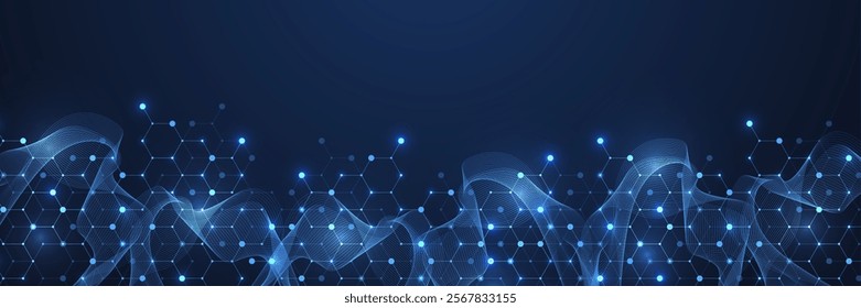 Molecular abstract structure and genetic engineering DNA. Healthcare and medicine background concept. Scientific research background. Wave flow. Innovation pattern. Vector illustration.