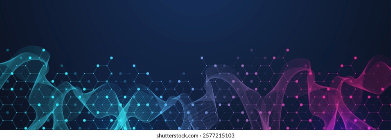 Molecular abstract structure and genetic engineering DNA. Healthcare and medicine background concept. Scientific research background. Wave flow. Innovation pattern. Vector illustration.