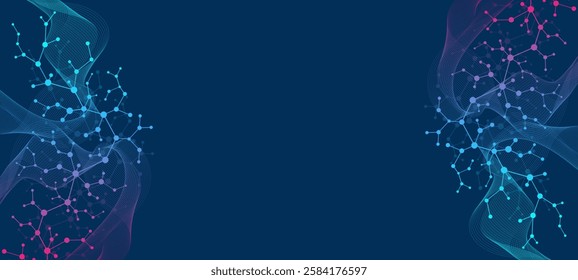 Molecular abstract structure and genetic engineering DNA. Healthcare and medicine background concept. Scientific research background. Wave flow. Innovation pattern. Vector illustration.