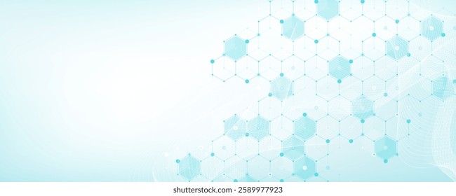 Molecular abstract structure and genetic engineering DNA. Healthcare and medicine background concept. Scientific research background. Wave flow. Innovation pattern. Vector illustration