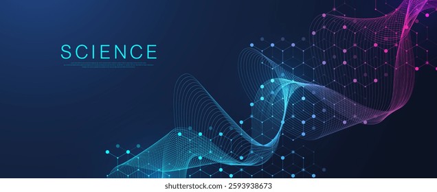 Molecular abstract structure and genetic engineering DNA. Healthcare and medicine background concept. Scientific research background. Wave flow. Innovation pattern. Vector illustration