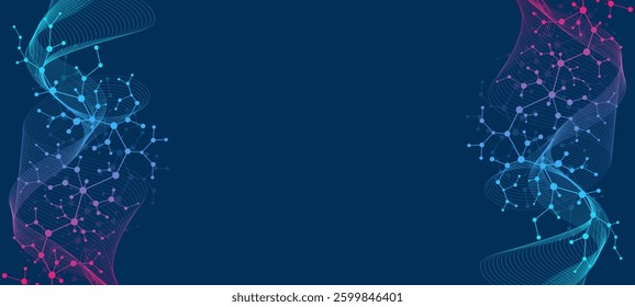 Molecular abstract structure and genetic engineering DNA. Healthcare and medicine background concept. Scientific research background. Wave flow. Innovation pattern. Vector illustration.