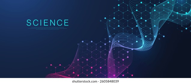 Molecular abstract structure and genetic engineering DNA. Healthcare and medicine background concept. Scientific research background. Wave flow. Innovation pattern. Vector illustration