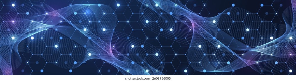 Molecular abstract structure and genetic engineering DNA. Healthcare and medicine background concept. Scientific research background. Wave flow. Innovation pattern. Vector illustration